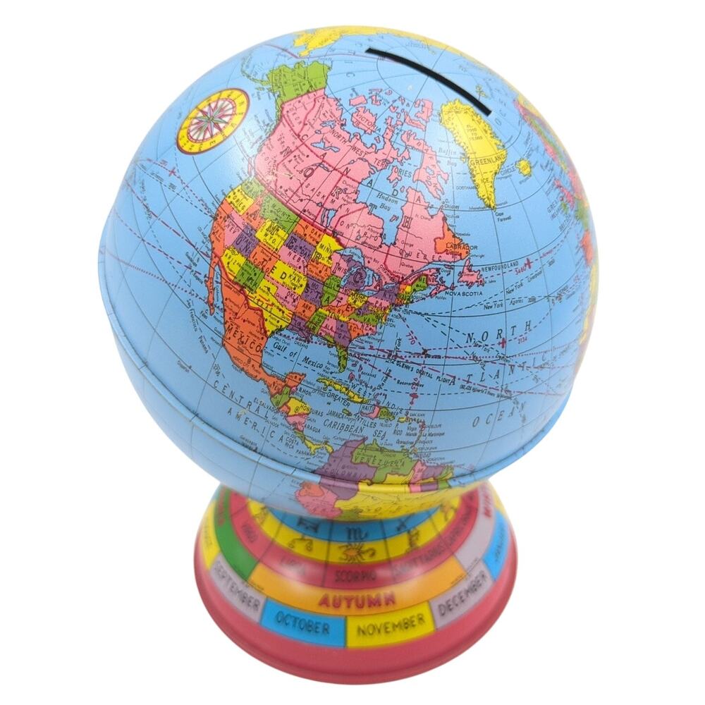 VTG J. Chein World Globe Still Bank Piggy Bank Tin Metal Coin Saver Astrology